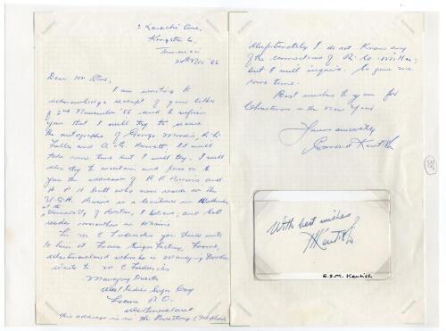 Esmond Seymour Maurice Kentish. Jamaica, Oxford University & West Indies 1947-1957. Two page handwritten letter in ink on lightweight paper, dated 24th November 1985. Writing from Jamaica to &lsquo;Mr Stone&rsquo;, Kentish is replying to a request for him to acquire 