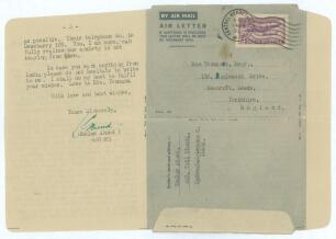 Ghulam Ahmed. Hyderabad, Muslims & India 1939-1959. Three page typed aerogramme letter from Ghulam Ahmed with handwritten corrections in green ink in Ahmed&rsquo;s own hand. Dated 6th February 1953, Ahmed is writing from Hyderabad to Ron Yeomans of The Northern
