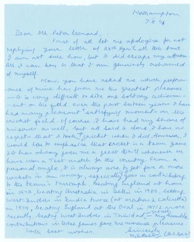 Bishan Singh Bedi. Northern Punjab, Delhi, Northamptonshire & India 1961-1981. Single page handwritten letter from Bishan Bedi to the vendor, dated 7th August 1976. Bedi describes at some length the highlights of his career and his contributions to the su