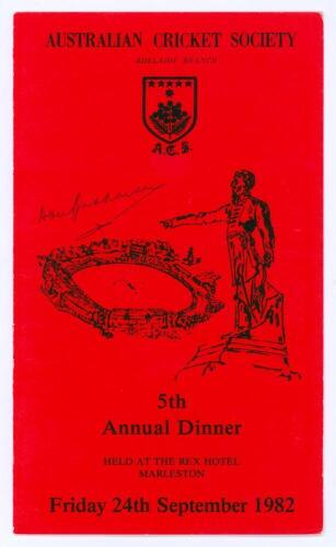 Donald George &lsquo;Don&rsquo; Bradman. New South Wales, South Australia & Australia 1927-1949. &lsquo;Australian Cricket Society Adelaide Branch. 5th Annual Dinner&rsquo; held at the Rex Hotel, Marleston, near Adelaide on the 24th September 1982. Official folding menu for the 