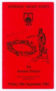 Donald George &lsquo;Don&rsquo; Bradman. New South Wales, South Australia & Australia 1927-1949. &lsquo;Australian Cricket Society Adelaide Branch. 5th Annual Dinner&rsquo; held at the Rex Hotel, Marleston, near Adelaide on the 24th September 1982. Official folding menu for the 