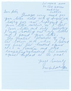 Intikhab Alam Khan. Surrey, Pakistan etc. 1957-1977. Single page handwritten letter from Intikhab Alam, undated but replying to a letter from the vendor dated 1976. Intikhab writes &lsquo;The greatest pleasure of my Test career was when I scored my first Test h