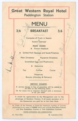 England v India, The Oval 1946. Great Western Royal Hotel, Paddington Station four page menu card, dated 17th August 1946. Signed to front cover by four of the England players who played in the 3rd Test played at the Oval 17th- 20th August 1946. The four 