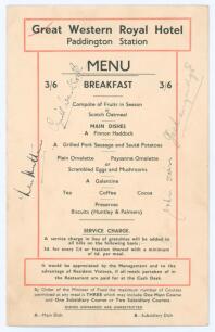 England v India, The Oval 1946. Great Western Royal Hotel, Paddington Station four page menu card, dated 17th August 1946. Signed to front cover by four of the England players who played in the 3rd Test played at the Oval 17th- 20th August 1946. The four 
