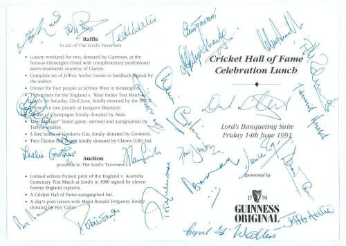 &lsquo;Cricket Hall of Fame Celebration Lunch&rsquo; 1991. Official folding menu for the lunch held at Lord&rsquo;s 14th June 1991. The menu signed in ink by twenty three attendees including England Test cricketers Denis Compton, Peter May, Donald Carr, Tony Lock, Ted Dext