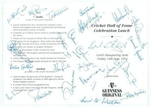 &lsquo;Cricket Hall of Fame Celebration Lunch&rsquo; 1991. Official folding menu for the lunch held at Lord&rsquo;s 14th June 1991. The menu signed in ink by twenty three attendees including England Test cricketers Denis Compton, Peter May, Donald Carr, Tony Lock, Ted Dext
