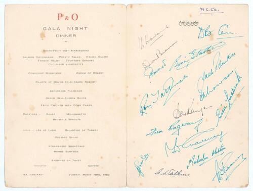 M.C.C. tour to India, Pakistan & Ceylon 1951/52. Two original P&O folding menus. One, for a &lsquo;Gala Night Dinner&rsquo; dated 18th March 1952 on board the &lsquo;S.S. Chusan&rsquo; with floral colour illustration to the front of shamrocks, is signed to the inside &lsquo;Autographs