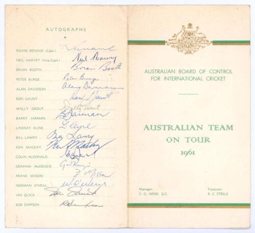 Australia Cricket Team in England 1961. Official Australian Board of Control programme and itinerary for the tour to England. Decorative cover in green and gold with Australian emblem. To inside pages are the programme of matches to be played on the tour 