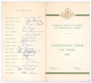 Australia Cricket Team in England 1961. Official Australian Board of Control programme and itinerary for the tour to England. Decorative cover in green and gold with Australian emblem. To inside pages are the programme of matches to be played on the tour 
