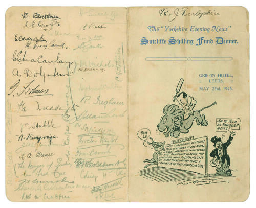&lsquo;The Yorkshire Evening News. Sutcliffe Shilling Fund Dinner&rsquo; 1925. Official menu for the Dinner held at the Griffin Hotel, Leeds on the 23rd May 12t to honour Sutcliffe&rsquo;s three consecutive centuries in a row against Australia on the 1924/25 Ashes tour. Th