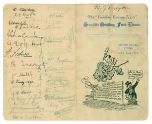 &lsquo;The Yorkshire Evening News. Sutcliffe Shilling Fund Dinner&rsquo; 1925. Official menu for the Dinner held at the Griffin Hotel, Leeds on the 23rd May 12t to honour Sutcliffe&rsquo;s three consecutive centuries in a row against Australia on the 1924/25 Ashes tour. Th