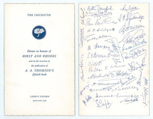 Yorkshire. &lsquo;Dinner in honour of Hirst and Rhodes and on the occasion of the publication of A.A. Thomson&rsquo;s fiftieth book&rsquo;. Official menu for the dinner given by &lsquo;The Cricketer&rsquo; held at Lord&rsquo;s Tavern, 25th June 1959. The menu with Yorkshire white rose emble