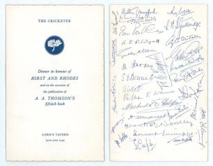 Yorkshire. &lsquo;Dinner in honour of Hirst and Rhodes and on the occasion of the publication of A.A. Thomson&rsquo;s fiftieth book&rsquo;. Official menu for the dinner given by &lsquo;The Cricketer&rsquo; held at Lord&rsquo;s Tavern, 25th June 1959. The menu with Yorkshire white rose emble