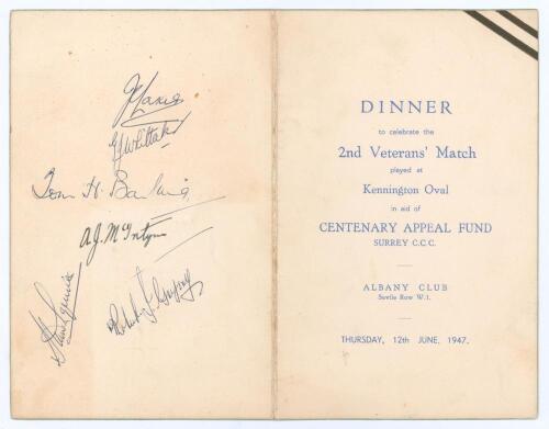 &lsquo;Surrey County Cricket Club. Dinner to celebrate the 2nd Veteran&rsquo;s Match played at Kennington Oval in aid of Centenary Appeal Fund&rsquo;. Official menu for the Dinner held at the Albany Club, Savile Row on the 12th June 1947. The menu with titles and Surrey co