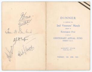 &lsquo;Surrey County Cricket Club. Dinner to celebrate the 2nd Veteran&rsquo;s Match played at Kennington Oval in aid of Centenary Appeal Fund&rsquo;. Official menu for the Dinner held at the Albany Club, Savile Row on the 12th June 1947. The menu with titles and Surrey co
