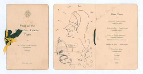 Arthur Mailey. Australia tour to England 1930. Original folding menu for the &lsquo;Visit of the Australian Cricket Team&rsquo; for the dinner held at Oatlands Park Hotel, Weybridge, Surrey, 25th May 1930 on the rest day of the tour match v Surrey at Kennington Oval.