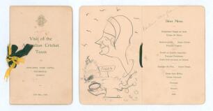 Arthur Mailey. Australia tour to England 1930. Original folding menu for the &lsquo;Visit of the Australian Cricket Team&rsquo; for the dinner held at Oatlands Park Hotel, Weybridge, Surrey, 25th May 1930 on the rest day of the tour match v Surrey at Kennington Oval.