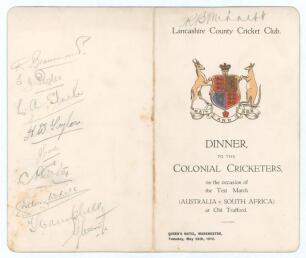 &lsquo;The Triangular Tournament 1912&rsquo;. &lsquo;Dinner to the Colonial Cricketers, on the occasion of the Test Match, Australia v South Africa, at Old Trafford&rsquo;. Original official menu for the post match Dinner held at the Queen&rsquo;s Hotel, Manchester on Tuesday 28th May