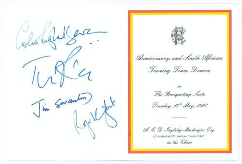 &lsquo;M.C.C. Anniversary and South African Touring Team Dinner&rsquo; 1998. Official M.C.C. folding menu, invitation card and table plan booklet for the Dinner held at Lord&rsquo;s 12th May 1998. The menu boldly signed to the centre and rear pages by nineteen attendees. S