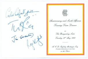 &lsquo;M.C.C. Anniversary and South African Touring Team Dinner&rsquo; 1998. Official M.C.C. folding menu, invitation card and table plan booklet for the Dinner held at Lord&rsquo;s 12th May 1998. The menu boldly signed to the centre and rear pages by nineteen attendees. S