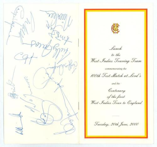 &lsquo;M.C.C. Lunch to the West Indies Touring Team commemorating the 100th Test Match at Lord&rsquo;s and the Centenary of the first West Indies Tour to England&rsquo;. 2000. Official M.C.C. folding 8pp menu booklet for the Lunch held at Lord&rsquo;s 20th June 2000. Contents in