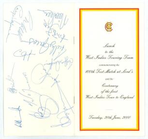 &lsquo;M.C.C. Lunch to the West Indies Touring Team commemorating the 100th Test Match at Lord&rsquo;s and the Centenary of the first West Indies Tour to England&rsquo;. 2000. Official M.C.C. folding 8pp menu booklet for the Lunch held at Lord&rsquo;s 20th June 2000. Contents in