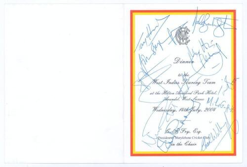 &lsquo;M.C.C. Dinner to the West Indies Touring Team&rsquo; 2004. Official M.C.C. folding menu for the Dinner held at Arundel 14th July 2004. The menu signed to the front and inside by thirty three attendees including members of the West Indies touring party. Signatu