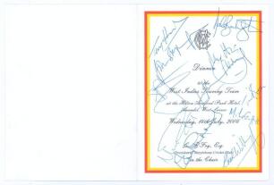 &lsquo;M.C.C. Dinner to the West Indies Touring Team&rsquo; 2004. Official M.C.C. folding menu for the Dinner held at Arundel 14th July 2004. The menu signed to the front and inside by thirty three attendees including members of the West Indies touring party. Signatu