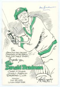 Don Bradman. Official Anglo-American Sporting Club Dinner menu with Guest of Honour &lsquo;Sir Don Bradman in recognition of his unique and unforgettable contribution to world cricket&rsquo; held at The London Hilton on 13th May 1974. The menu with pictorial cover sh