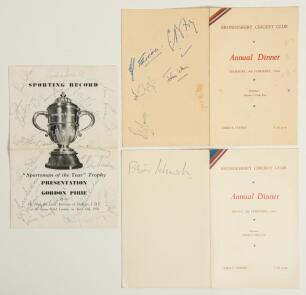 Signed cricket & sporting menus 1954-1957. Three signed menus for dinners. &lsquo;Sporting Record &ldquo;Sportsman of the Year&rdquo; Trophy Presentation to Gordon Pirie&rsquo;, Savoy Hotel 12th April 1954. Signed to the front by Pirie (Athletics), also by cricketers George Duck