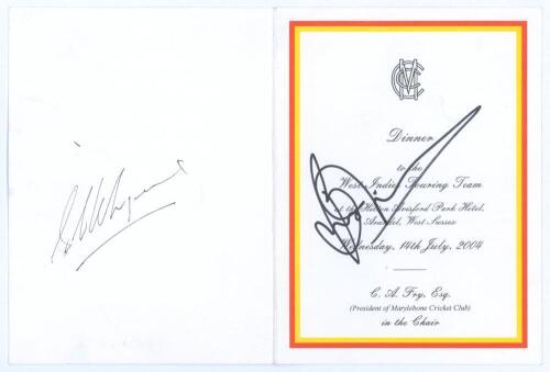 Brian Lara. West Indies tour to England 2004. Official folding menu for the Dinner to the West Indian Touring Team held at Arundel during the course of the tour match v M.C.C. on 14th July 2004. Signed in bold black ink to the front cover by Brian Lara. A