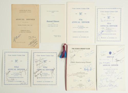Cricket Club signed annual dinner menus 1947-1994. A good selection of eight menus, each signed by attendees. Dinners are Amersham Hill C.C. Annual Dinner 1947, signed by Bill Edrich. Central Lancashire Cricket League Annual Dinner 1978, signed by Jim Lak