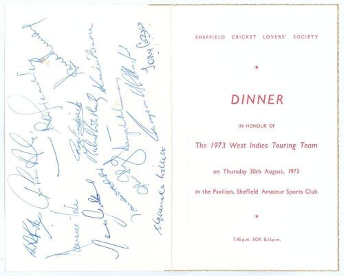 West Indies tour to England 1973. Official folding menu for the Dinner given by the Sheffield Cricket Lovers&rsquo; Society to the West Indies touring party, held at Sheffield 30th August 1973. Printed title to front, Menu and Toasts to inside. The rear cover i