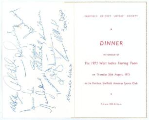 West Indies tour to England 1973. Official folding menu for the Dinner given by the Sheffield Cricket Lovers&rsquo; Society to the West Indies touring party, held at Sheffield 30th August 1973. Printed title to front, Menu and Toasts to inside. The rear cover i