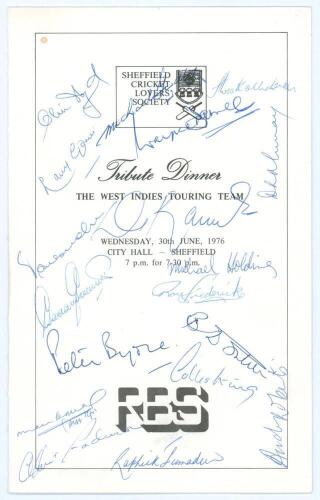 West Indies tour to England 1976. Official folding menu for the Tribute Dinner given by the Sheffield Cricket Lovers&rsquo; Society to the West Indies touring team, held at City Hall, Sheffield, 30th June 1976. Printed title to front, Menu and Toasts to inside.