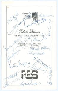 West Indies tour to England 1976. Official folding menu for the Tribute Dinner given by the Sheffield Cricket Lovers&rsquo; Society to the West Indies touring team, held at City Hall, Sheffield, 30th June 1976. Printed title to front, Menu and Toasts to inside.