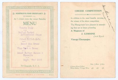 Donald George Bradman. New South Wales, South Australia & Australia 1927-1949. &lsquo;Simpson&rsquo;s Fish Ordinary [meal at fixed time and price], 76 Cheapside, E.C.2&rsquo;. Small original two sided card menu for the Ordinary served &lsquo;At 1 o&rsquo;clock every day except Saturda