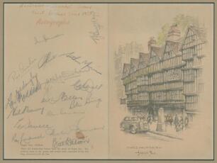 Australian tour of the West Indies 1955. Official R.M.S. Rangitane four page folding menu card with drawing of the Staple Inn, Holborn by Joseph lee to front cover, dated the 12th July 1955. Details and menu to inside pages and the back cover &lsquo;Autographs&rsquo;