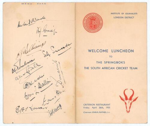 South Africa tour to England 1935. Rare official folding menu card for the &lsquo;Welcome Luncheon to The Springboks. The South African Cricket Team&rsquo; given by the Institute of Journalists, London District, held at the Criterion Restaurant, 26th April 1935. The 