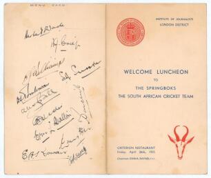 South Africa tour to England 1935. Rare official folding menu card for the &lsquo;Welcome Luncheon to The Springboks. The South African Cricket Team&rsquo; given by the Institute of Journalists, London District, held at the Criterion Restaurant, 26th April 1935. The 