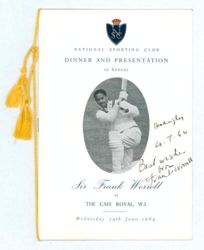 Frank Mortimer Maglinne Worrell. Barbados, Jamaica and West Indies 1941-1964. Official menu for the Dinner and Presentation given for Sir Frank Worrell by the National Sporting Club at the Cafe Royal, London, 24th June 1964. The menu with decorative cover