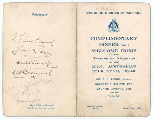 Yorkshire. M.C.C. tour to Australia 1928/29. Official folding menu for the &lsquo;Complimentary Dinner and Welcome Home to the Yorkshire Members of the M.C.C. Australian Tour Team, 1928-9&rsquo; given by the Yorkshire Cricket Council, held at the Griffin Hotel, Leeds