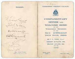 Yorkshire. M.C.C. tour to Australia 1928/29. Official folding menu for the &lsquo;Complimentary Dinner and Welcome Home to the Yorkshire Members of the M.C.C. Australian Tour Team, 1928-9&rsquo; given by the Yorkshire Cricket Council, held at the Griffin Hotel, Leeds