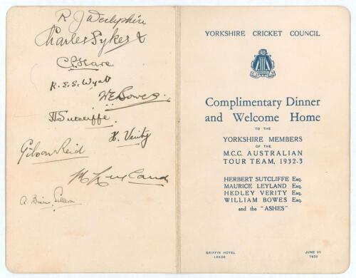 Bodyline. M.C.C. tour to Australia 1932/33. Official folding menu for the &lsquo;Complimentary Dinner and Welcome Home to the Yorkshire Members of the M.C.C. Australian Tour Team, 1932-3&rsquo; given by the Yorkshire Cricket Council, held at the Griffin Hotel, Leeds,