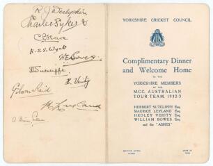 Bodyline. M.C.C. tour to Australia 1932/33. Official folding menu for the &lsquo;Complimentary Dinner and Welcome Home to the Yorkshire Members of the M.C.C. Australian Tour Team, 1932-3&rsquo; given by the Yorkshire Cricket Council, held at the Griffin Hotel, Leeds,