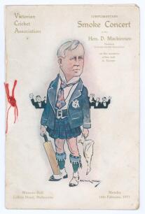 M.C.C. tour to Australia 1920/21. Official menu for the &lsquo;Complimentary Smoke Concert to the Hon. D. Mackinnon, President, Victorian Cricket Association on the occasion of his visit to Europe&rsquo;. Held at the Masonic Hall, Melbourne, 14th February 1921. The f