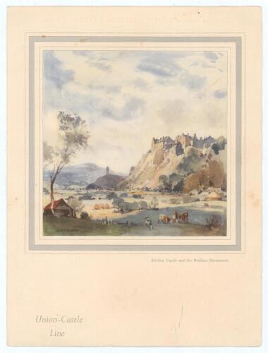 M.C.C. tour to Australia & New Zealand 1954/55. Official large folding menu for the &lsquo;Farewell Dinner&rsquo; on board the R.M.M.V. Stirling Castle, dated 1st April 1955. The front cover with attractive colour illustration of Stirling Castle and the Wallace Monum