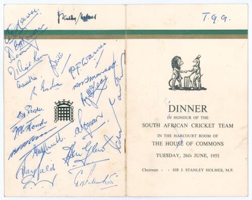 South Africa tour to England 1951. Original menu for the &lsquo;Dinner in honour of the South African Cricket Team in the Harcourt Rooms of the House of Commons&rsquo; held on 26th June 1951. The menu with decorative covers, to inside menu, toasts and guest list incl