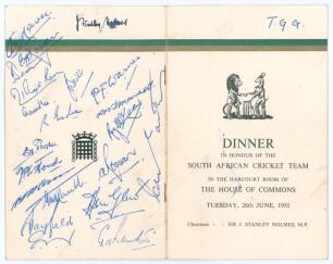 South Africa tour to England 1951. Original menu for the &lsquo;Dinner in honour of the South African Cricket Team in the Harcourt Rooms of the House of Commons&rsquo; held on 26th June 1951. The menu with decorative covers, to inside menu, toasts and guest list incl