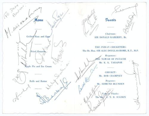 India tour to England 1967. Official folding menu for the dinner given by the Northern Cricket Society to &lsquo;The Indian Cricketers&rsquo; held at Leeds, 7th June 1967. Signed to the centre Menu and Toasts pages by seventeen attendees, including sixteen of the Ind